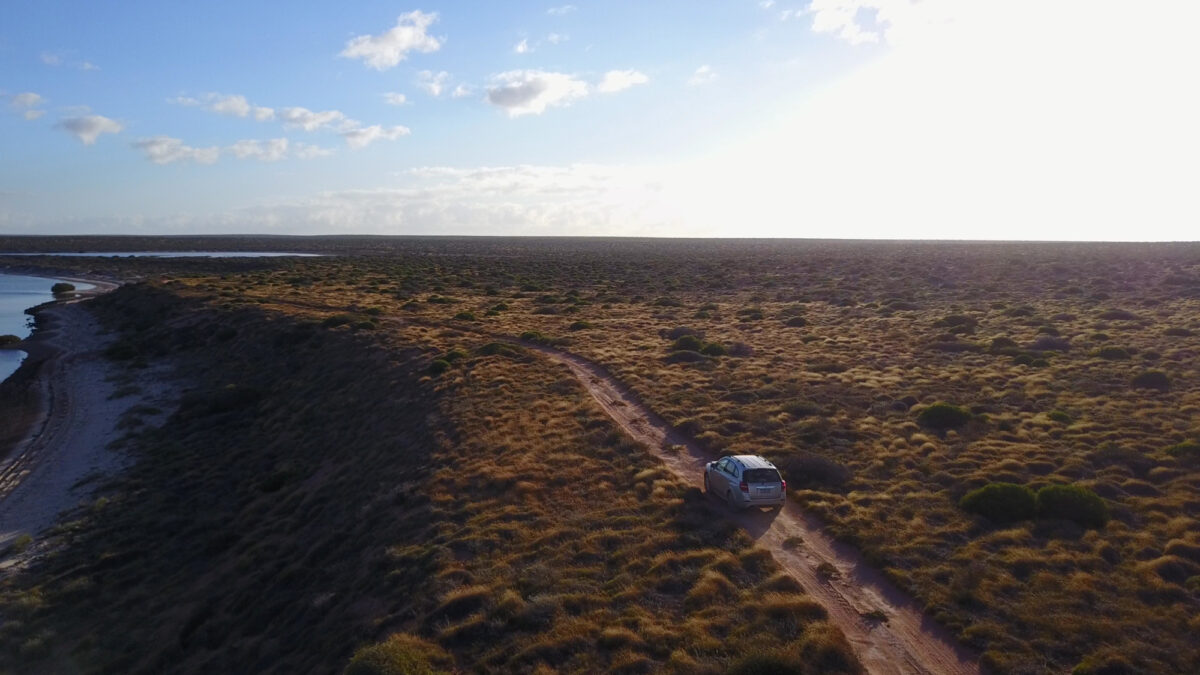 Car driving along sandy road near beach and cliffs in wilderness